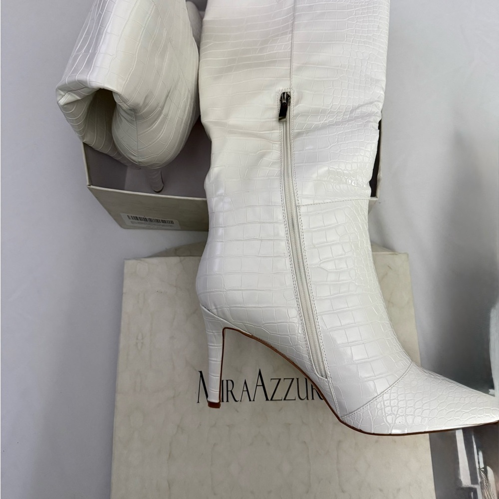 White Knee-High Croc-Embossed Stiletto High Heeled Boots
